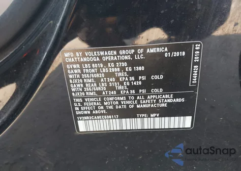 2019 Volkswagen Atlas 3.6L V6 Sel Premium from USA, damaged, VIN 1V2NR2CA9KC536117